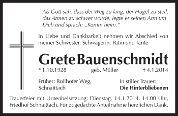 Traueranzeige von Grete Bauernschmidt von Pegnitz-Zeitung